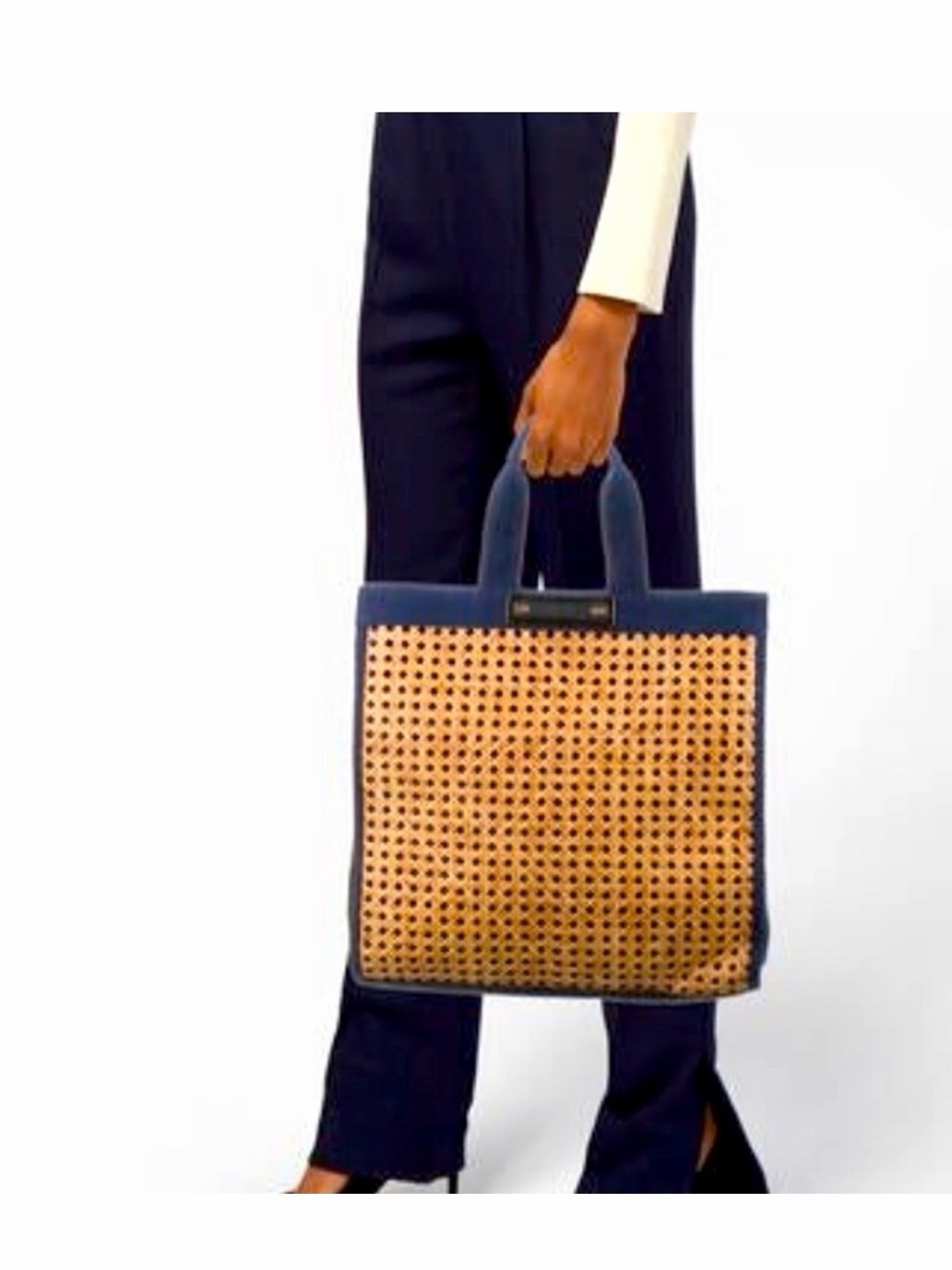 Tory Burch Navy and Tan Woven Square Tote